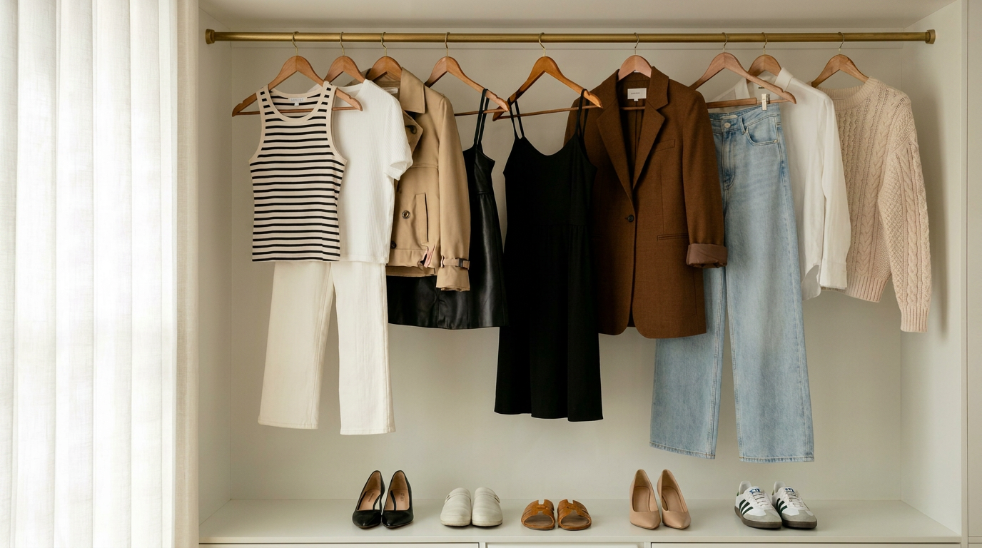 Curated wardrobe rail of neutral clothing with shoes lined up below